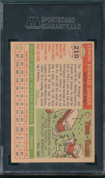 1955 Topps #210 Duke Snider, *Hi #*, SGC 80