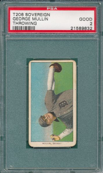 1909-1911 T206 Mullin, Throwing, Sovereign 150 Cigarettes PSA 2