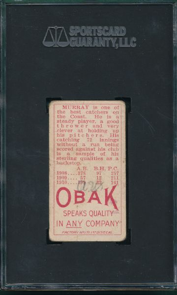 1911 T212-3 Murray Obak Cigarettes SGC 10