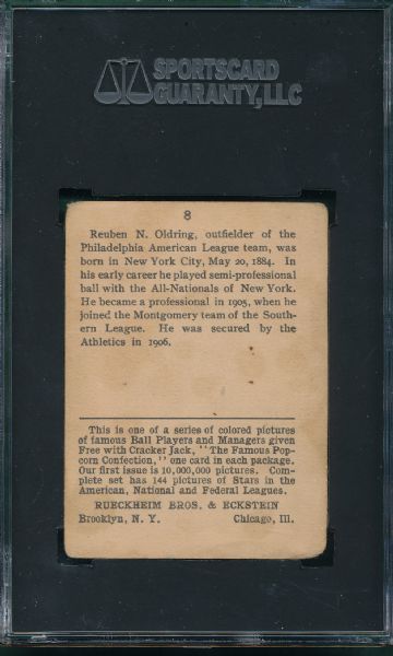 1914 Cracker Jack #8 Rube Oldring SGC 40