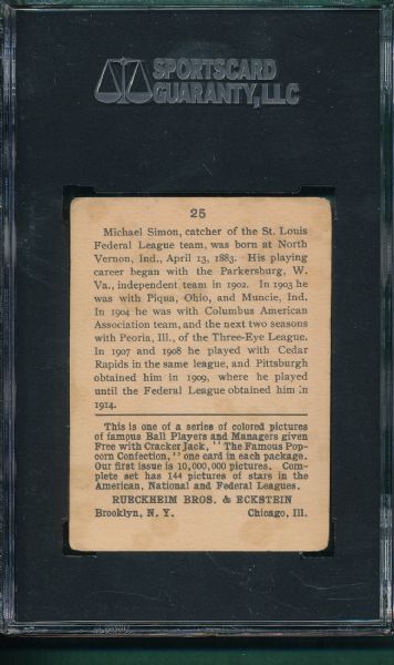 1914 Cracker Jack #25 Michael Simon SGC 50 *Federal League*