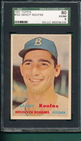 1957 Topps #302 Sandy Koufax, SGC 80 *Mid Series*