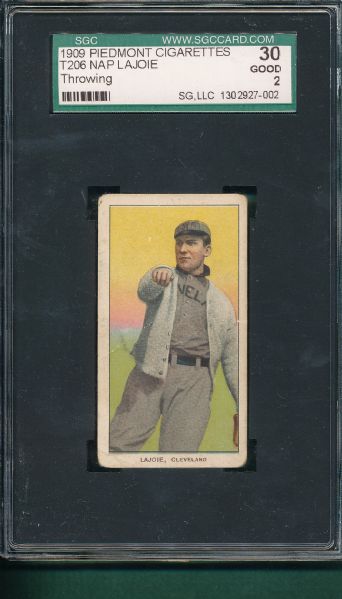 1909-1911 T206 Lajoie, Throwing, Piedmont Cigarettes SGC 30