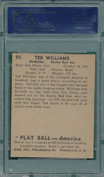 1939 Play Ball #92 Ted Williams PSA 5 *Rookie*