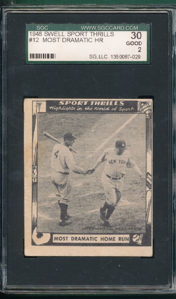 1948 Swell #12 Most Dramatic HR W/ Ruth & Gehrig, Sports Thrills SGC 30