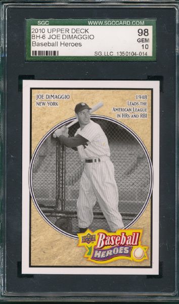 2010 Upper Deck BH-6 Joe DiMaggio, Baseball Hereos, SGC 98