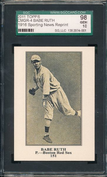 2011 Topps CMGR-4 Babe Ruth, 1916 Sporting News Reprint, SGC 98