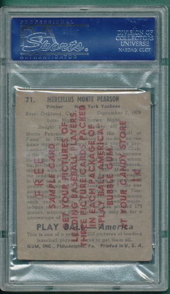 1939 Playball #71 Monte Pearson PSA 4 *Sample Card*