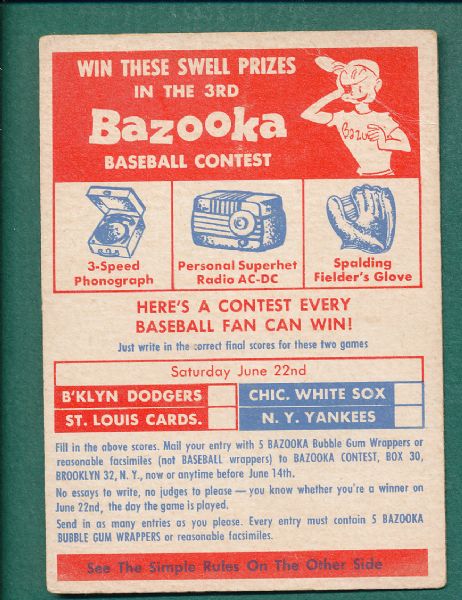 1957 Topps Bazooka Contest Card