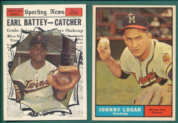 1961 Topps (2) Card Lot of High Numbers #524 Logan & #582 Battey AS