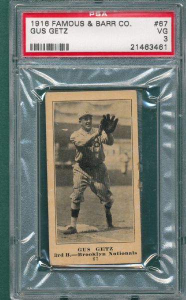 1916 Famous & Barr #67 Gus Getz PSA 3