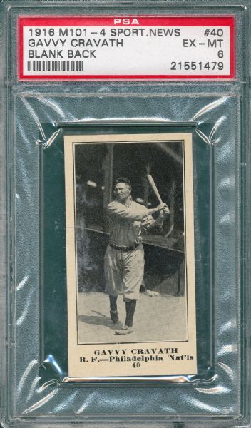 1916 M101-4 #40 Gavvy Cravath, Sporting News PSA 6 *Blank Back*