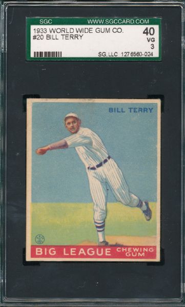 1933 World Wide Gum #20 Bill Terry SGC 40