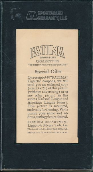 1913 T200 Philadelphia Athletics Fatima Cigarettes SGC 30