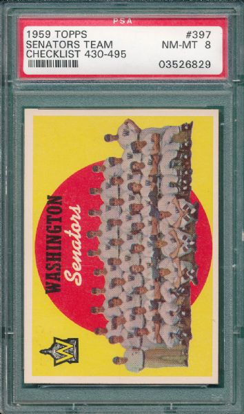 1959 Topps #397 Senators Team, PSA 8