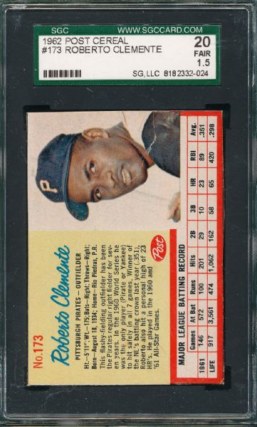 1962 Topps & Post Lot of (6) W/Clemente BVG & SGC 