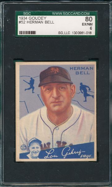 1934 Goudey #52 Herman Bell SGC 80