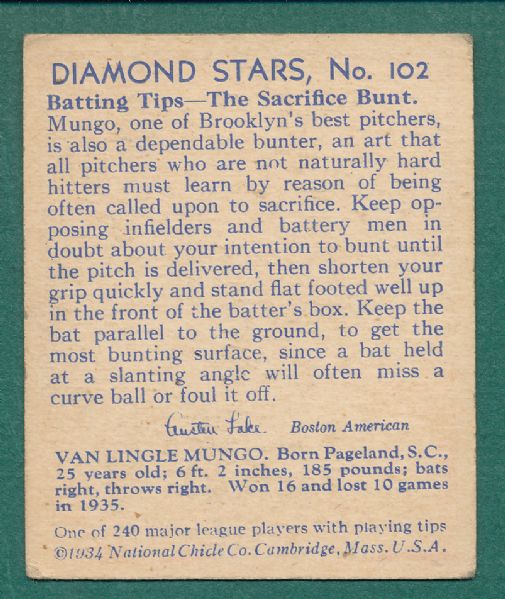 1934-36 Diamond Stars #102 Van Lingle Mungo *High Number*