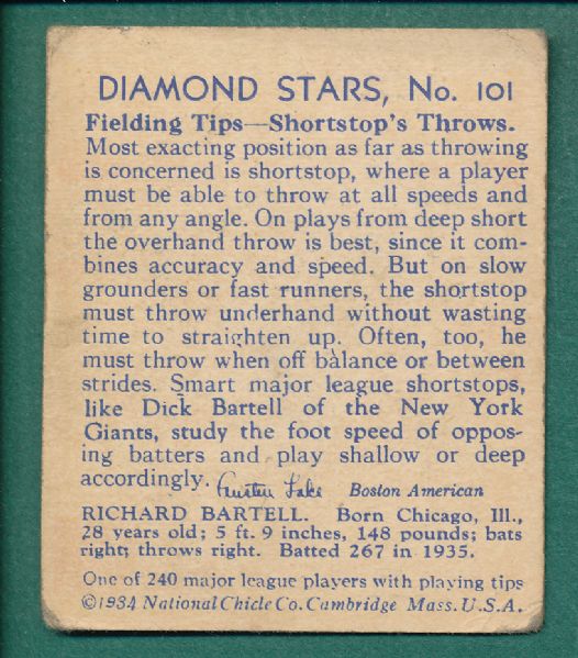 1934-36 Diamond Stars #101 Dick Bartell *High Number*