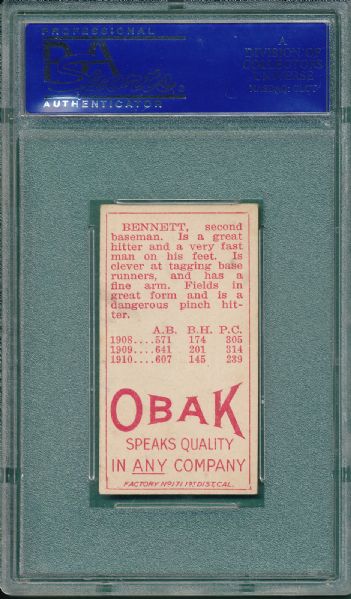 1911 T212-3 Bennett Obak Cigarettes PSA 5 *Only Two Higher*