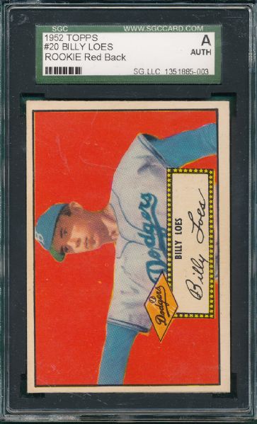 1952 Topps #20 Billy Loes, Red Back, SGC Auth *NRMT Appearance* *Rookie*