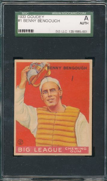 1933 Goudey #1 Benny Bengough SGC Auth *NRMT Appearance*