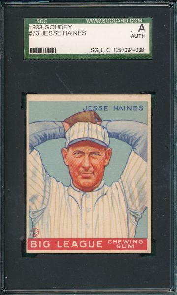 1933 Goudey #73 Jesse Haines SGC Auth