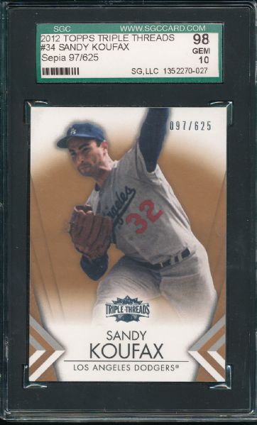 2012 Topps Triple Threads #34 Sandy Koufax, Sepia 97/625, SGC 98