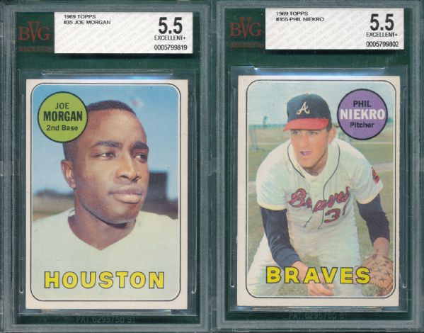 1969 Topps (6) Card Lot, HOFers W/ Morgan & Niekro All Graded