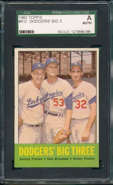 1963-65 Topps (3) Card Lot W/ Don Drysdale & Sandy Koufax SGC 