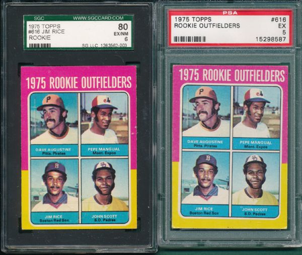 1975 Topps #616 Jim Rice, Rookie, (2) Card Lot SGC PSA