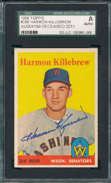 1958 Topps #288 Harmon Killebrew *Autographed* SGC Authenticated