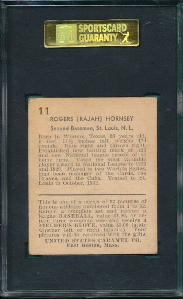 1932 U S Caramel #11 Rogers Hornsby SGC 50
