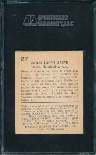 1932 U S Caramel #27 Lefty Grove SGC 60