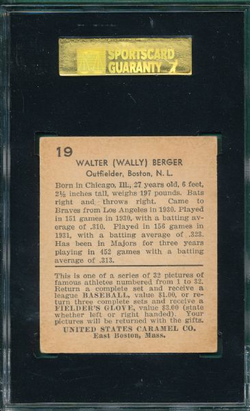 1932 U S Caramel #19 Wally Berger SGC 50