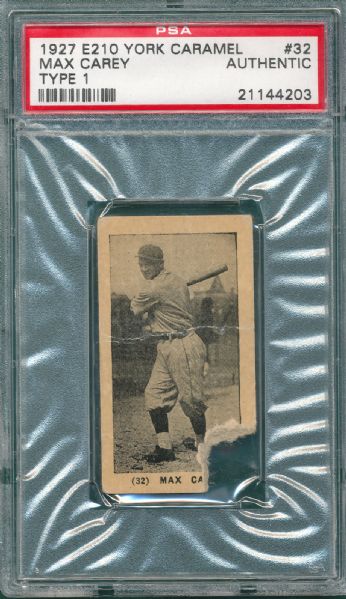 1927 E210 #32 Max Carey & #54 George Sisler, York Caramel, Type 1 (2) Card Lot PSA Authentic
