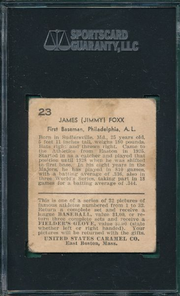1932 U S Caramel #23 Jimmy Foxx SGC 20