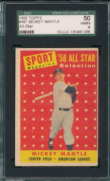 1958 Topps #487 Mickey Mantle, AS, SGC 50