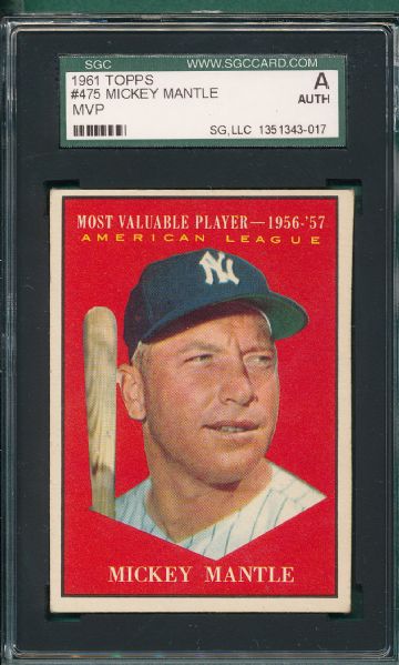 1961 Topps #475 Mickey Mantle, MVP SGC Authentic  *Collector's Aid*
