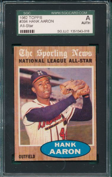 1962 Topps #394 Hank Aaron, AS SGC Authentic *Nrmt Appearance*   *Collector's Aid*
