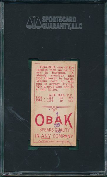 1911 T212-3 Pearce Obak Cigarettes SGC 30 *Presents Better*