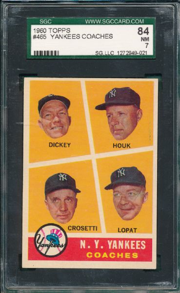1960 Topps #465 Yankees Coaches SGC 84