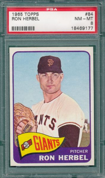 1965 Topps #118 Lanier & #84 Herbel, Giants (2) Card Lot PSA 8
