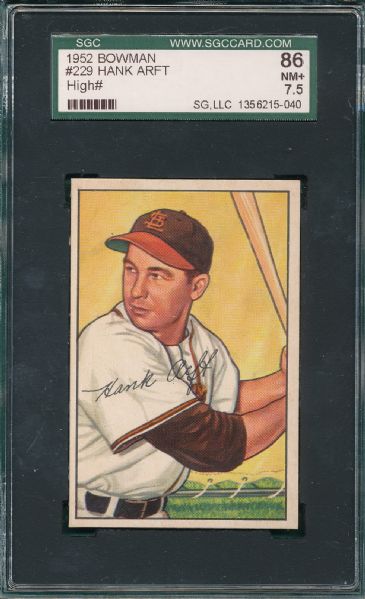 1952 Bowman #229 Hank Arft SGC 86 *High Number*