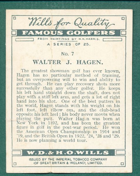 1930 Famous Golfers #7 Walter Hagen W. D. & H. O. Wills