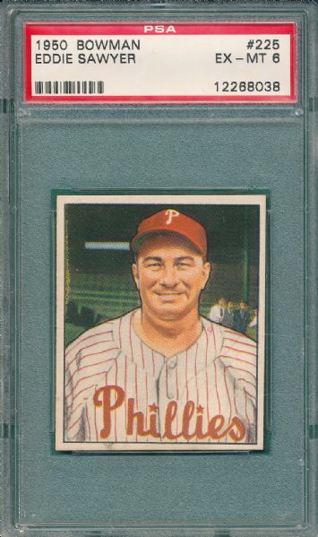 1950 Bowman #225 Eddie Sawyer & #227 Bob Miller, Philadelphia Phillies (2) Card Lot PSA 6