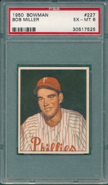 1950 Bowman #225 Eddie Sawyer & #227 Bob Miller, Philadelphia Phillies (2) Card Lot PSA 6