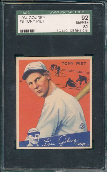 1934 Goudey #08 Tony Piet SGC 92 *Only One Higher*