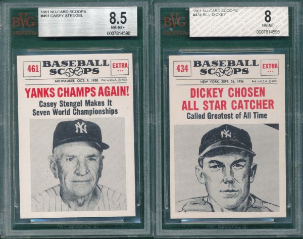 1961 Nu-Card Scoops #434 Bill Dickey BVG 8 & #461 Yanks Champs Again BVG 8.5, (2) Card Lot BVG 8.5