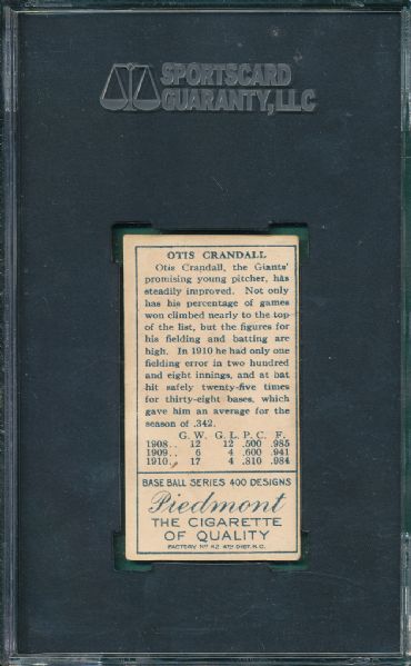 1911 T205 Crandall, T Crossed, Piedmont Cigarettes SGC 55